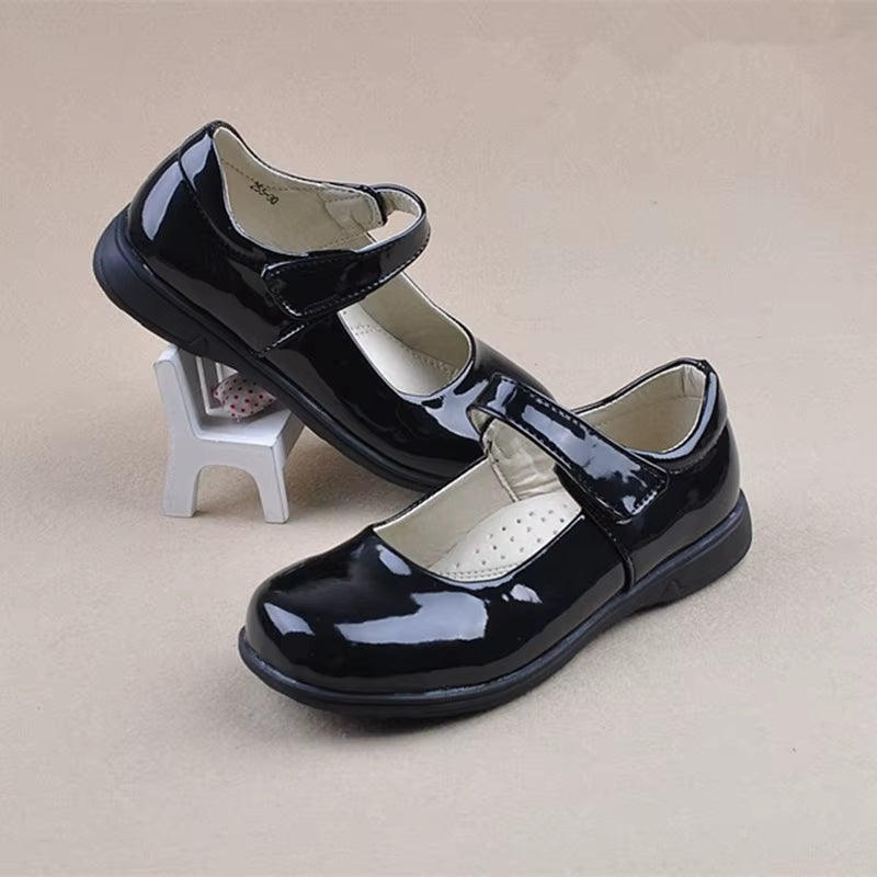 Girls' Classic Black Leather School Shoes with Glowing Accents